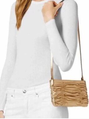 Michael Kors Metallic Gold Brown Women Shoulder Crossbody Bag Card Holder Purse